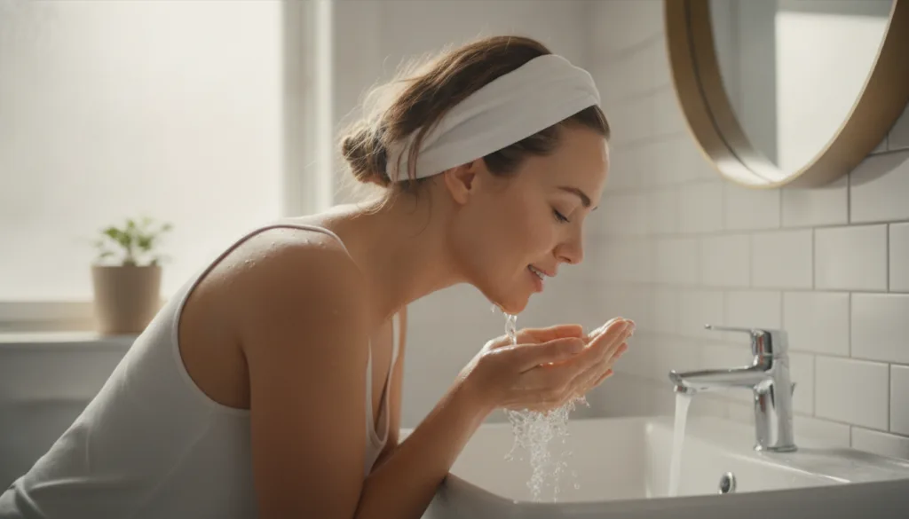 A woman gently rinsing her face over a sink smiling after applying a DIY face mask Her skin looks fresh and dewy