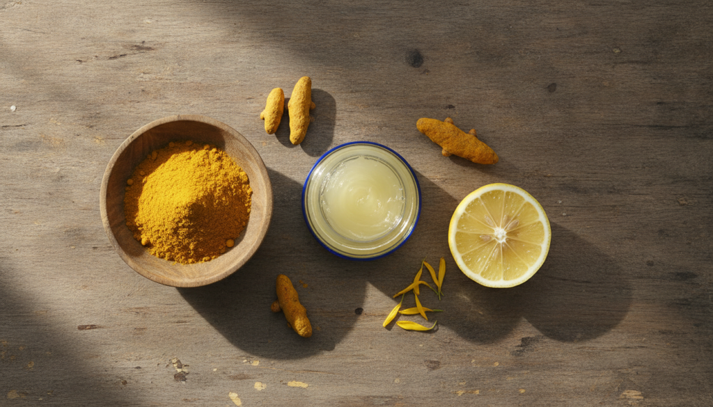 A flat lay of the three main ingredients a small jar of Vaseline a bowl of turmeric powder and a fresh lemon cut in half
