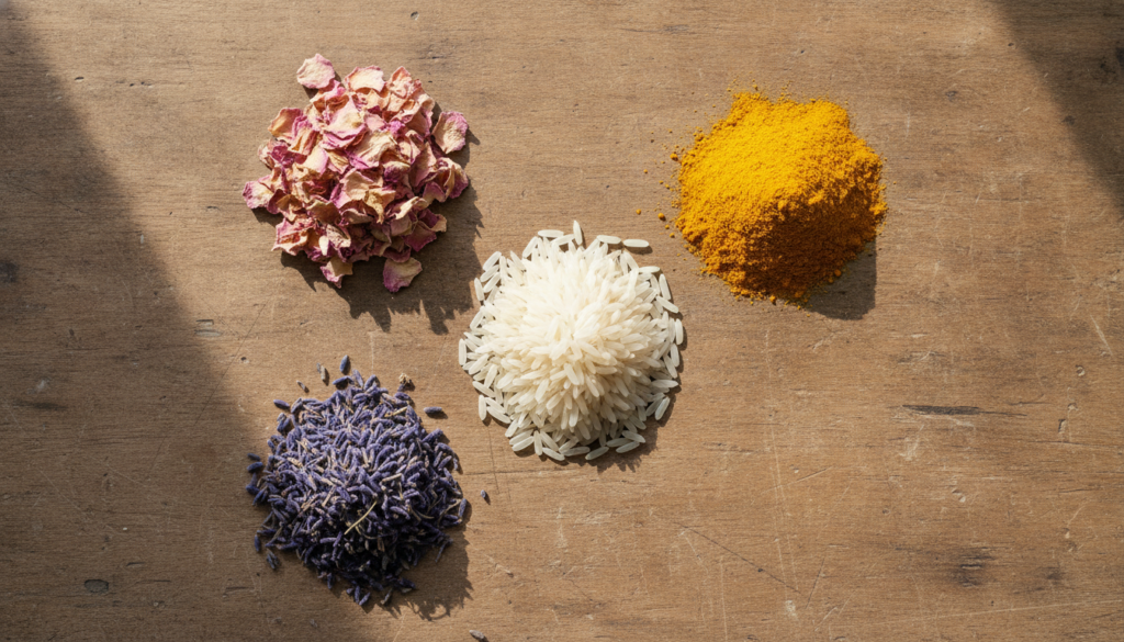 A variety of dried natural ingredients laid out on a clean wooden surface including dried rose petals dried lavender bud