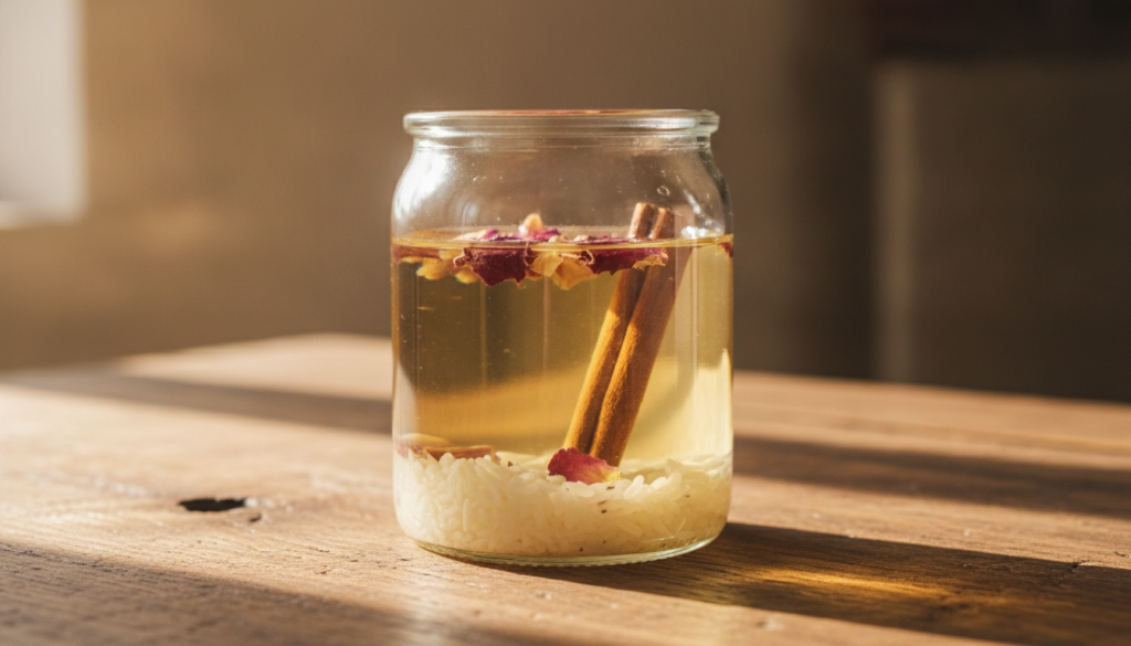 A close-up of a glass jar filled with baby oil and natural ingredients like rice grains dried rose petals and a cinnamon