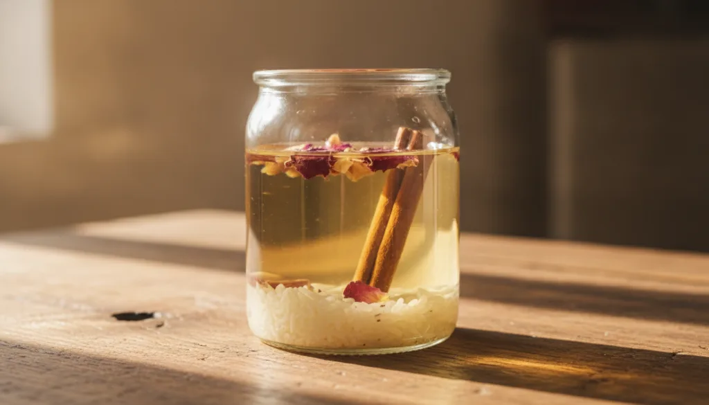A close-up of a glass jar filled with baby oil and natural ingredients like rice grains dried rose petals and a cinnamon