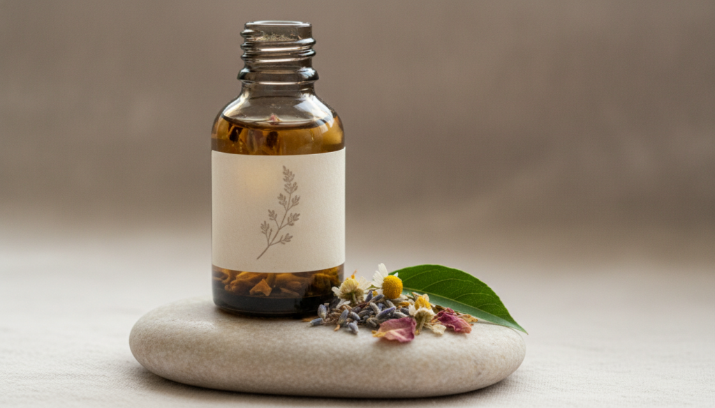 A beautifully packaged bottle of homemade infused baby oil with a natural label placed next to a small bowl of dried flo