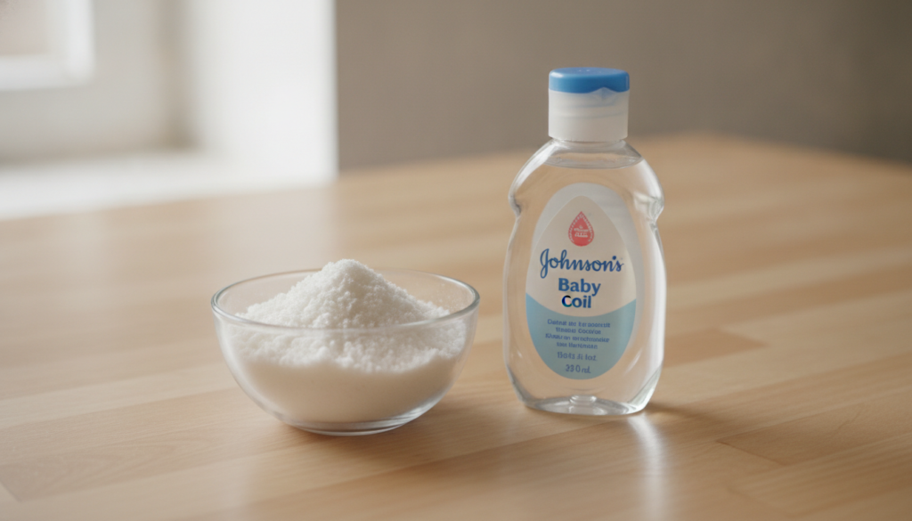 A close-up of a bowl with ground rice and a bottle of Johnson s Baby Oil next to it on a light wooden surface Natural li