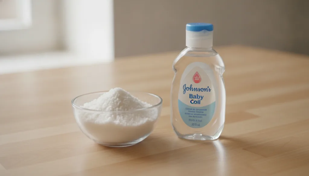 A close-up of a bowl with ground rice and a bottle of Johnson s Baby Oil next to it on a light wooden surface Natural li