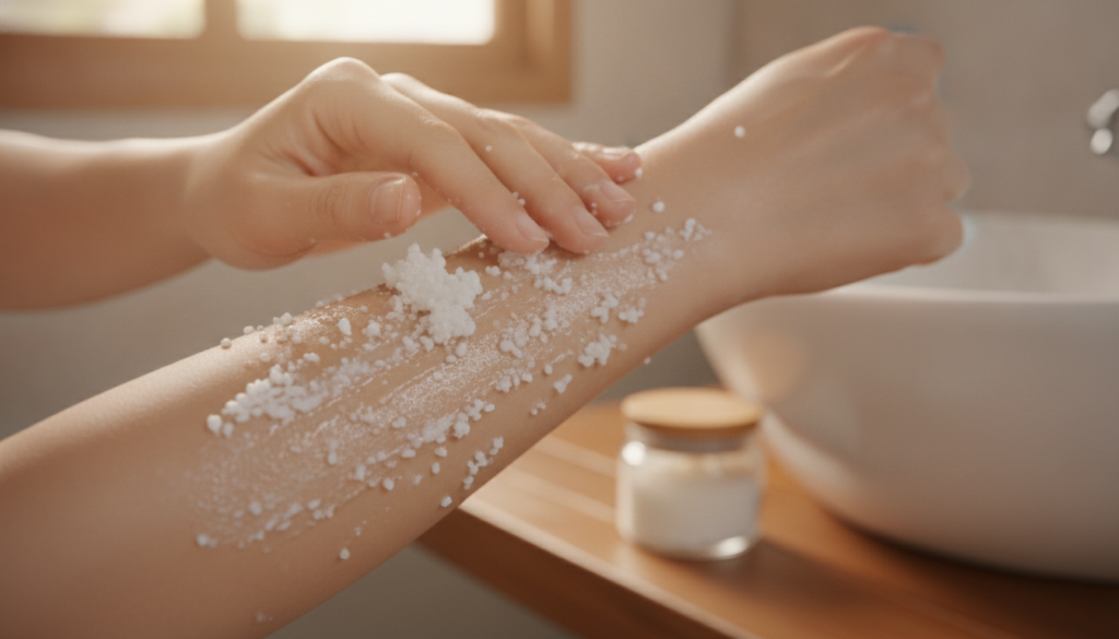 Hands gently massaging a rice and baby oil scrub onto an arm showing the exfoliating texture The background is soft and