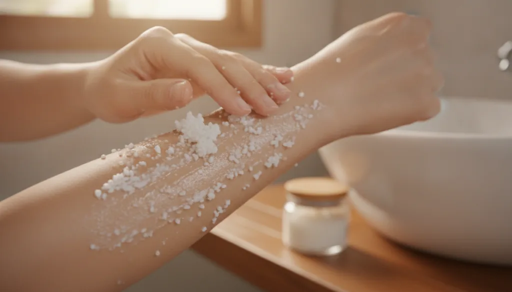 Hands gently massaging a rice and baby oil scrub onto an arm showing the exfoliating texture The background is soft and 