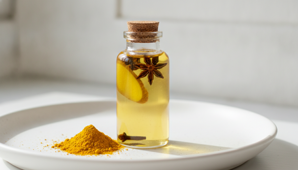 A small glass bottle filled with a yellowish spiced baby oil infusion with a pinch of turmeric powder next to it on a cl