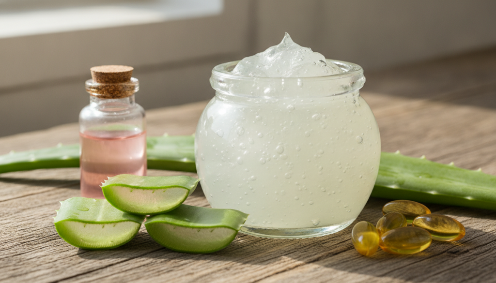 A small clear glass jar filled with a light translucent natural-looking collagen gel with fresh aloe vera leaves a bottl
