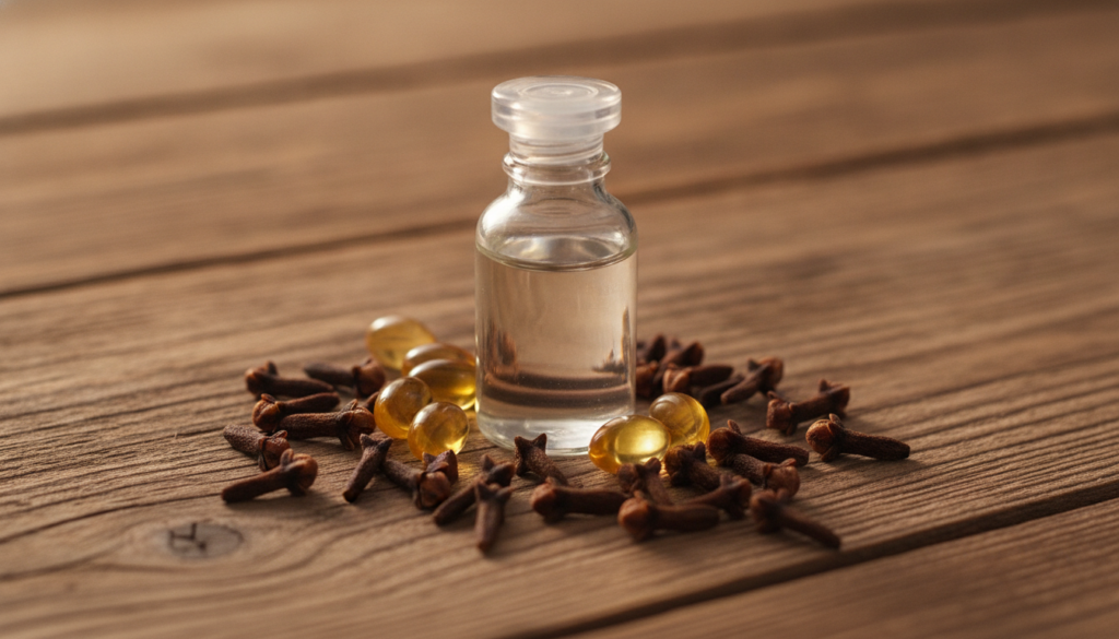 A close-up shot of the three main ingredients for the DIY elixir a small bottle of baby oil a scattering of whole cloves