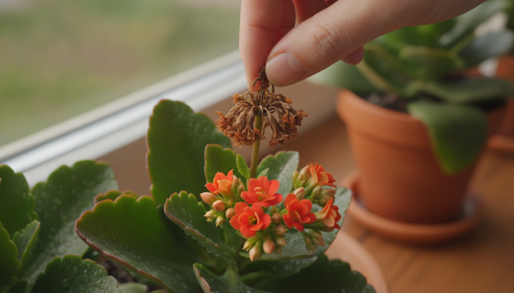 A close-up of a Kalanchoe plant being deadheaded showing a hand gently pinching off a faded flower stalk The plant has b