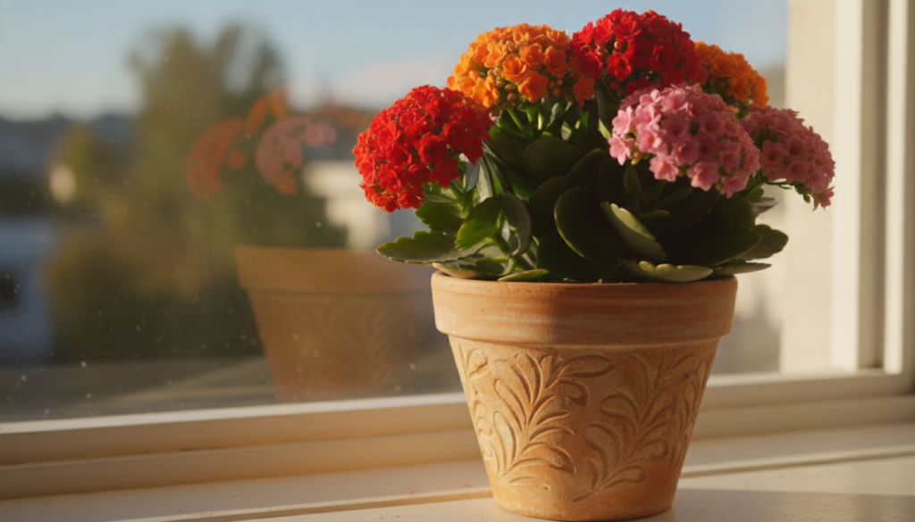 A vibrant Kalanchoe plant with clusters of red orange or pink flowers in a decorative pot on a sunny windowsill showcasi