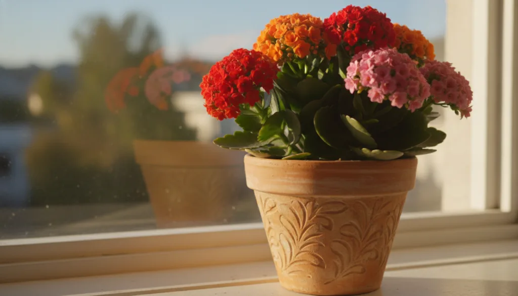 A vibrant Kalanchoe plant with clusters of red orange or pink flowers in a decorative pot on a sunny windowsill showcasi