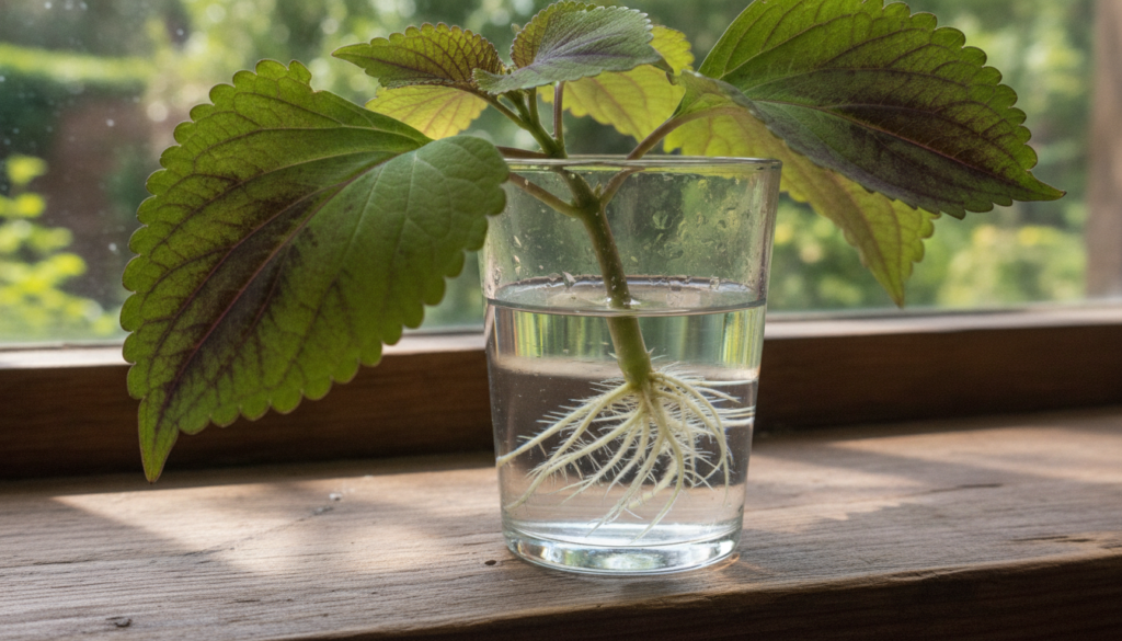 A close-up of a Coleus stem cutting with a few leaves submerged in a clear glass of water showing small white roots begi