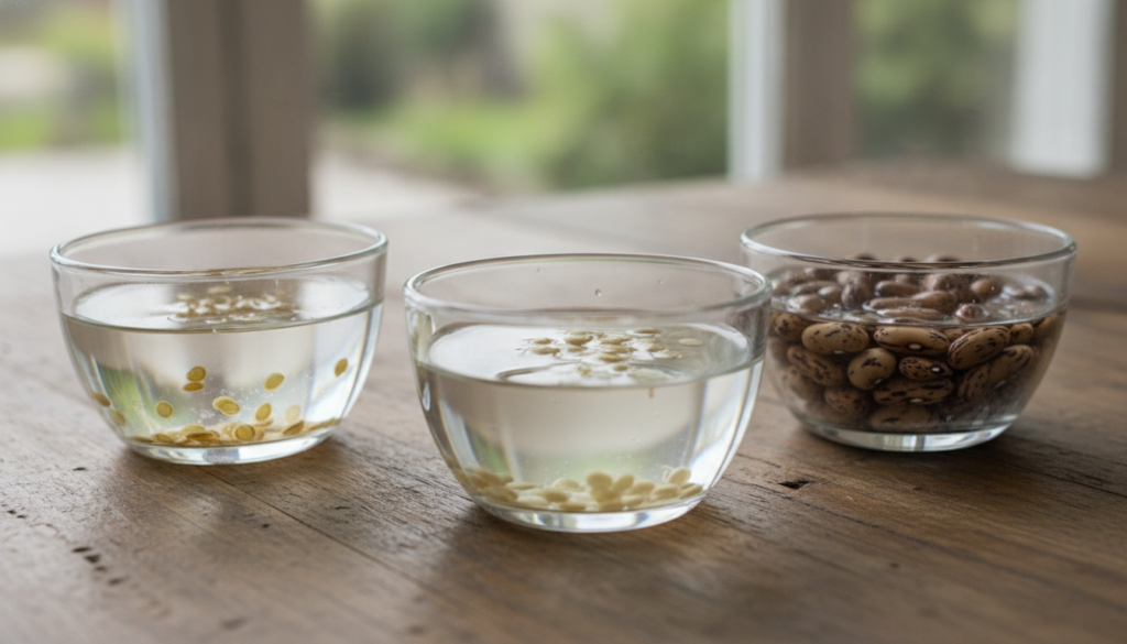 A close-up shot of various small seeds e g tomato pepper bean soaking in separate small glass bowls filled with water on