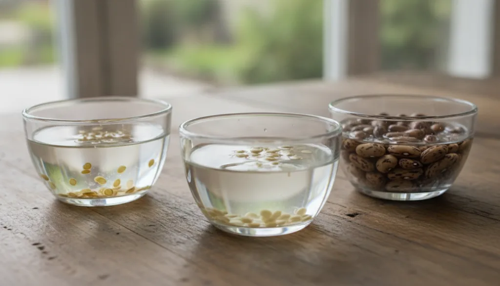 A close-up shot of various small seeds e g tomato pepper bean soaking in separate small glass bowls filled with water on