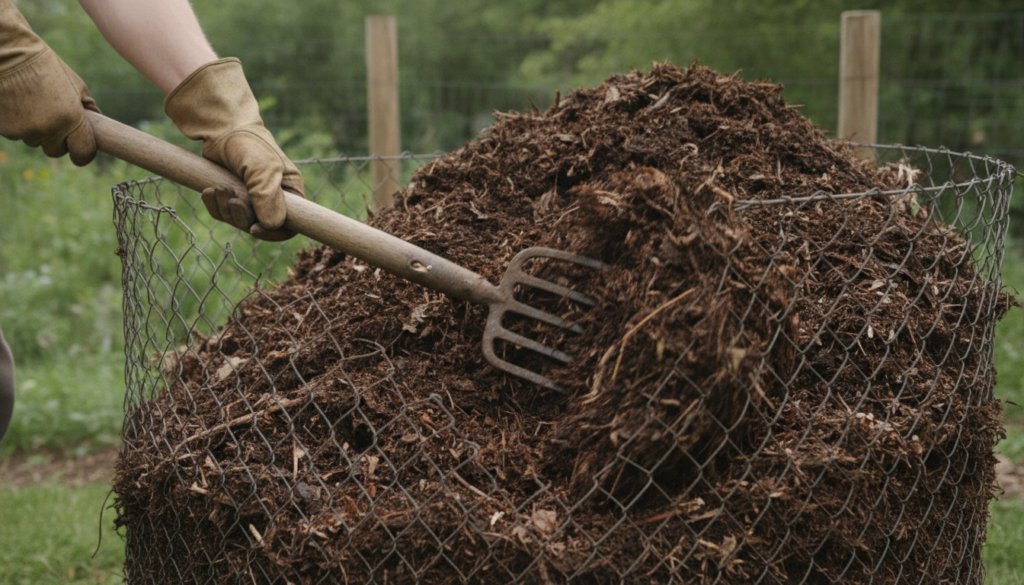 A close-up of a gardener using a pitchfork to turn a pile of decomposing leaves in a wire mesh compost bin