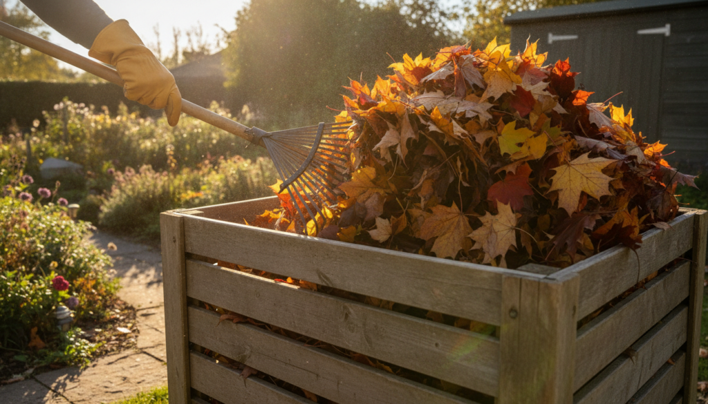 A gardener adding a pile of raked autumn leaves into a simple wooden compost bin in a lush garden setting