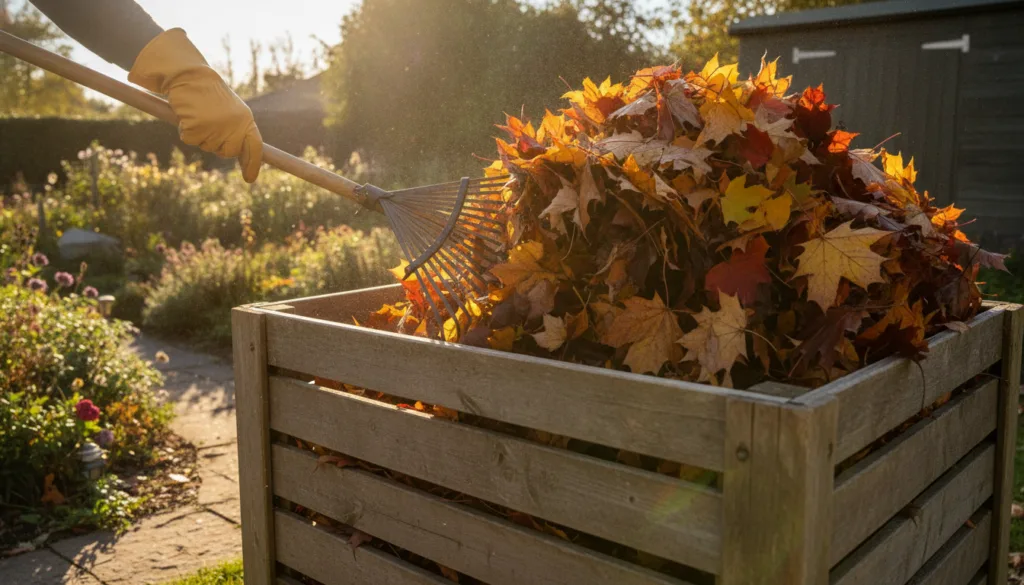 A gardener adding a pile of raked autumn leaves into a simple wooden compost bin in a lush garden setting