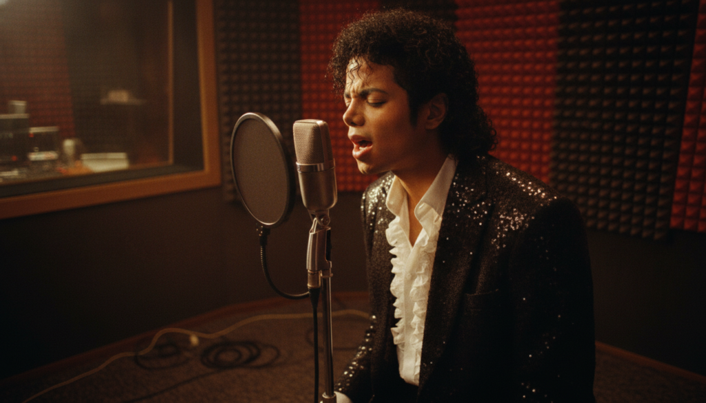 A young Michael Jackson in a recording studio focused and engaged with a microphone