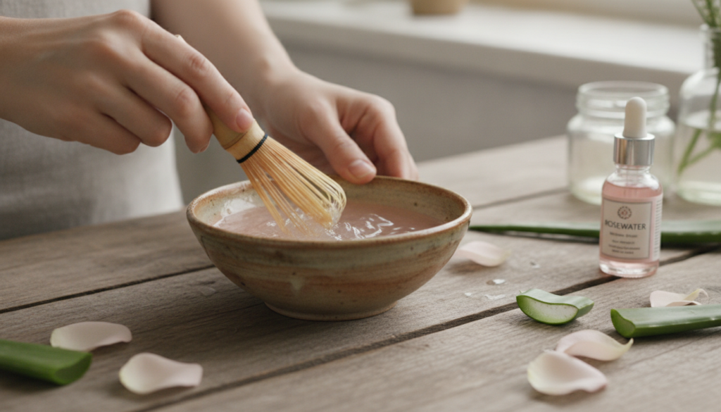 A vintage-style shot of a woman s hands mixing natural ingredients in a bowl with fresh aloe vera leaves rose petals and