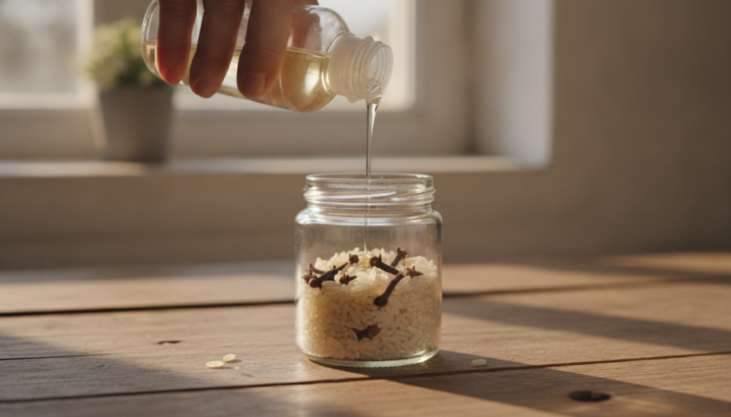 A close-up of a hand pouring baby oil into a small glass bottle containing rice grains and cloves symbolizing the oil in