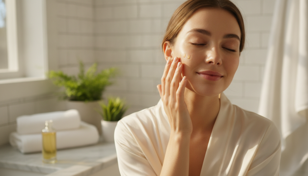 A woman gently massaging a few drops of homemade infused oil onto her cheek with a soft radiant expression highlighting 