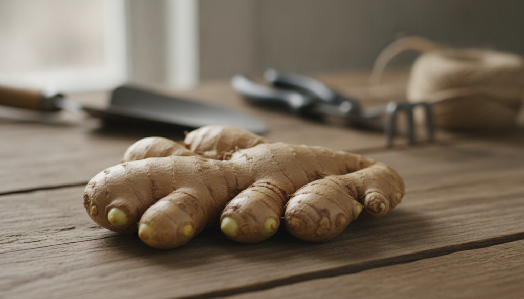 A close-up shot of a fresh plump ginger rhizome with visible eyes or buds ready for planting on a wooden surface with ga