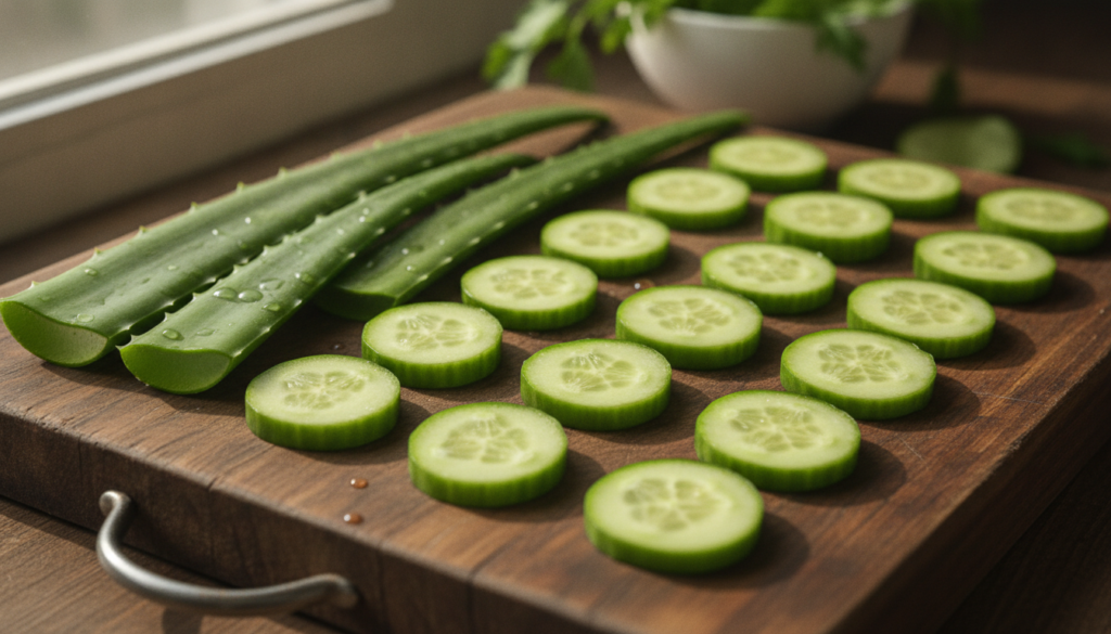 Close-up of fresh aloe vera leaves and sliced cucumber on a wooden cutting board ready for preparation