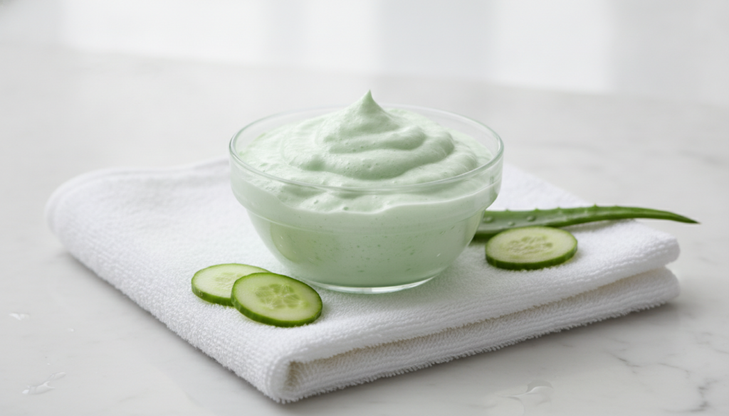 A small glass bowl filled with the light green frothy aloe cucumber face mousse ready for application