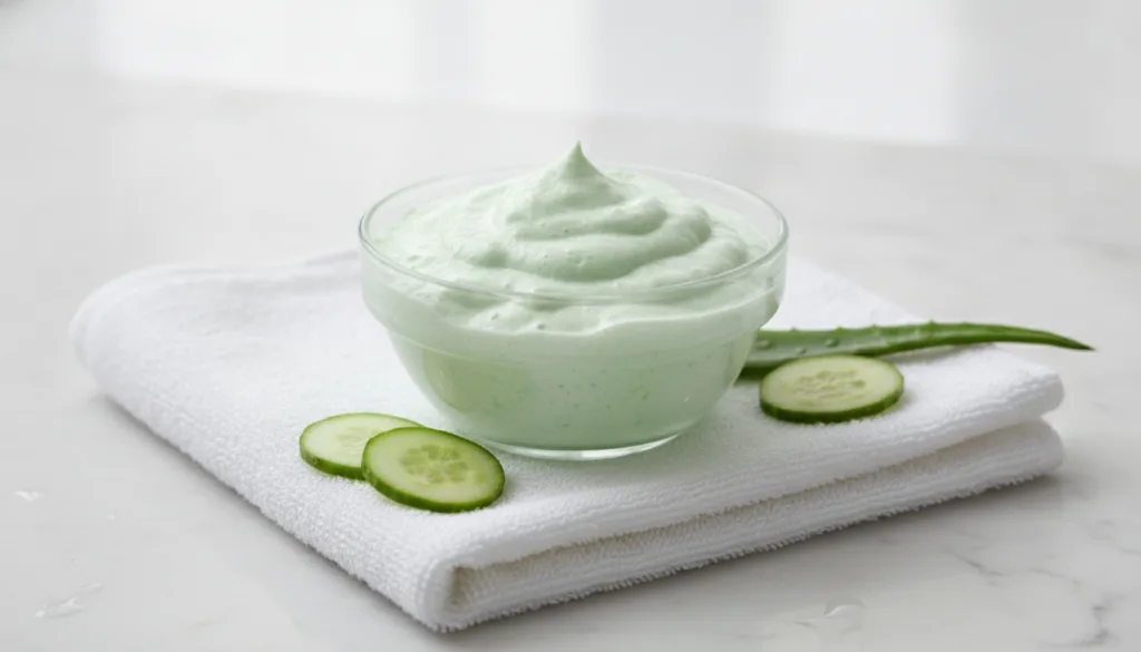 A small glass bowl filled with the light green frothy aloe cucumber face mousse ready for application
