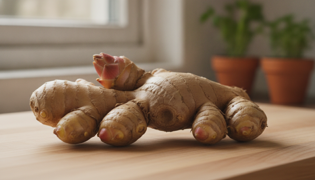 A close-up of a fresh ginger rhizome with clearly visible eyes or growth buds indicating readiness for planting