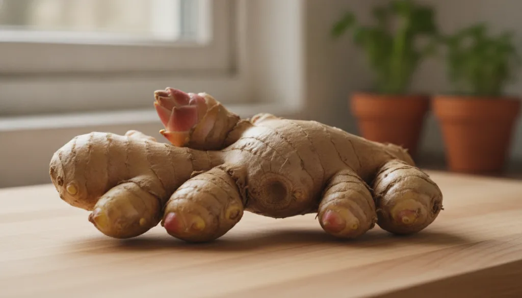 A close-up of a fresh ginger rhizome with clearly visible eyes or growth buds indicating readiness for planting