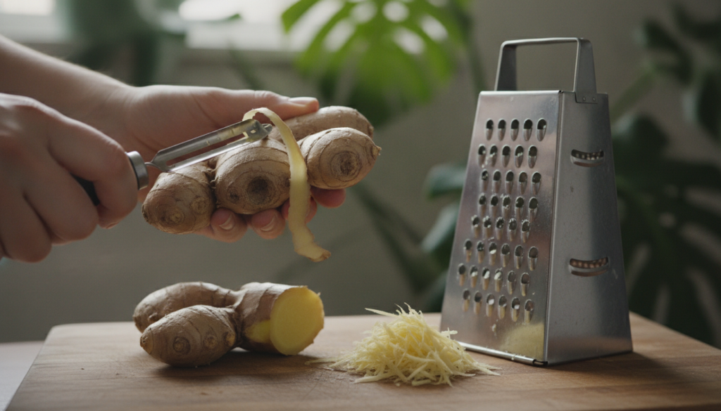 A close-up shot of fresh ginger roots being peeled and grated on a cutting board with green plant leaves subtly blurred 