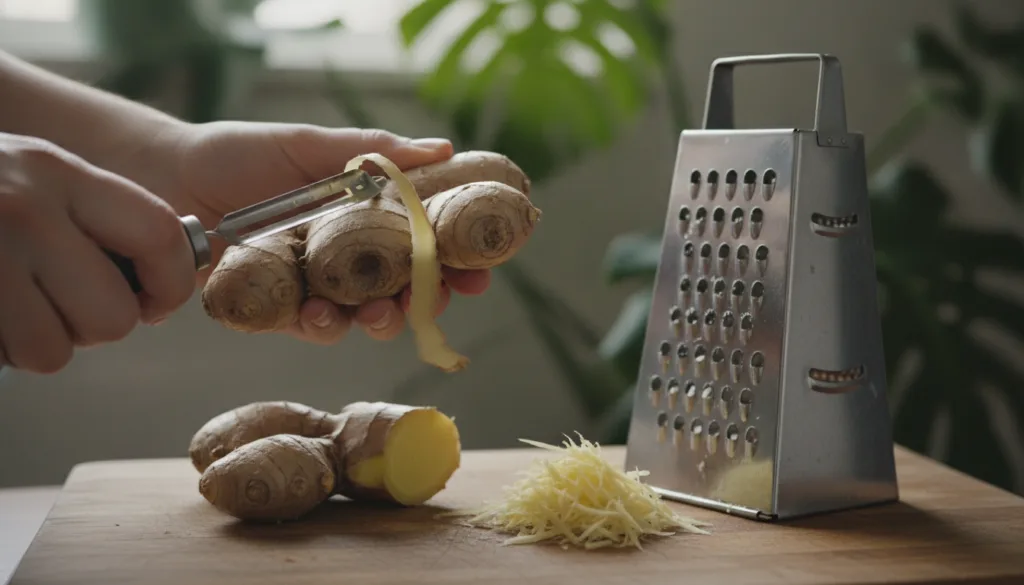 A close-up shot of fresh ginger roots being peeled and grated on a cutting board with green plant leaves subtly blurred 