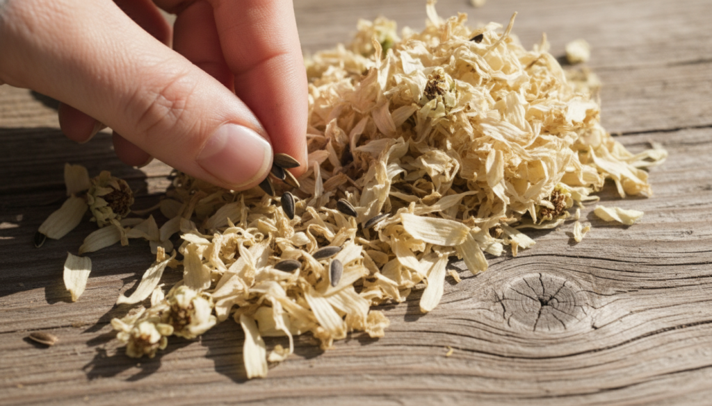 A close-up of a hand separating dark dart-shaped zinnia seeds from dried plant debris in a small pile on a wooden surfac