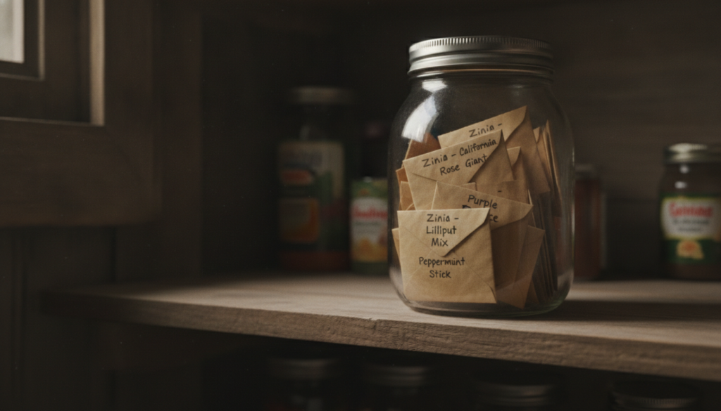 Several small clearly labeled paper envelopes filled with zinnia seeds neatly arranged inside a glass jar in a cool dark