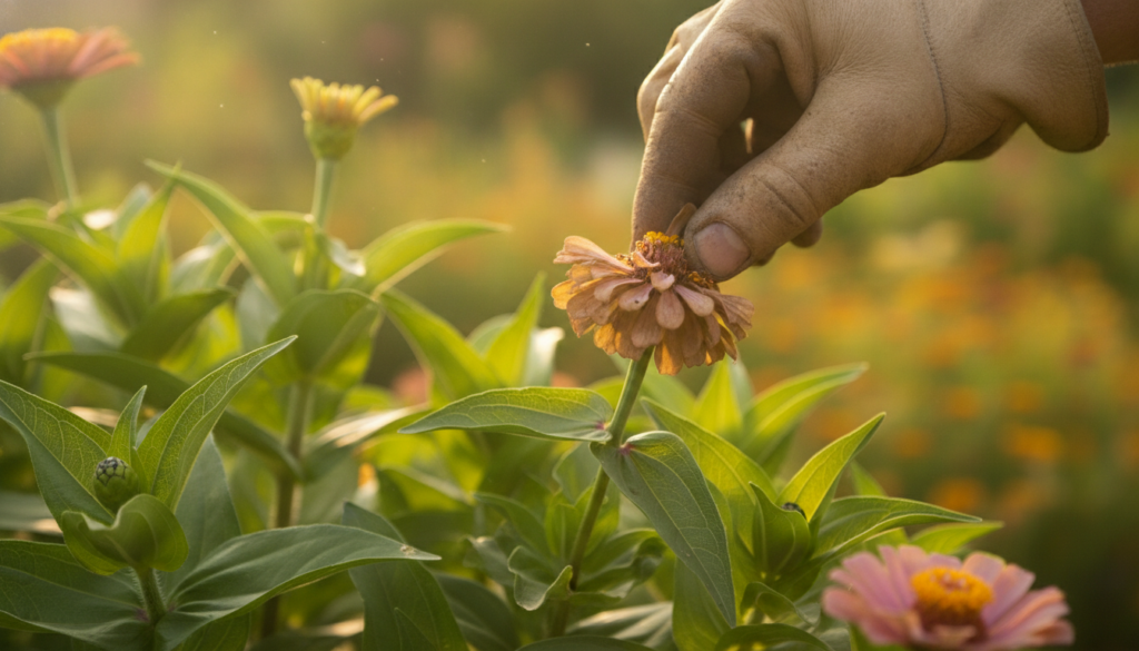 A gardener s hand gently plucking a dried brown zinnia flower head from a plant in a sunny garden