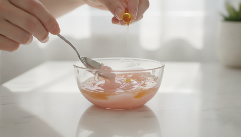 A person mixing melted Vaseline with pink powder and vitamin E oil in a small glass bowl with a spoon