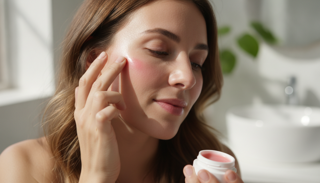 A woman applying a pink glow balm to her cheek with her fingertips showing a subtle rosy flush on her skin