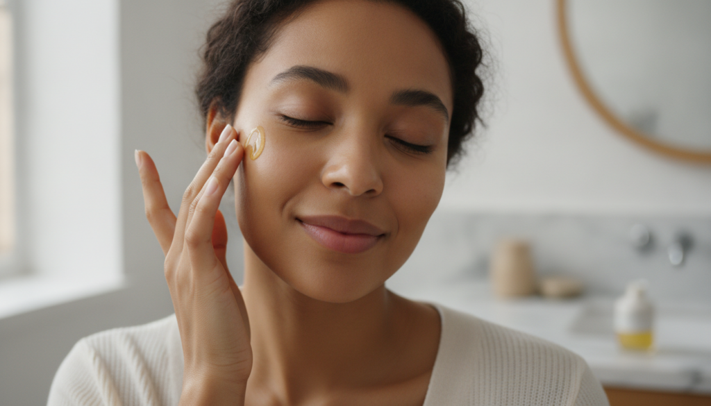 A woman gently massaging a small amount of yellow oil onto her cheek with a soft radiant expression