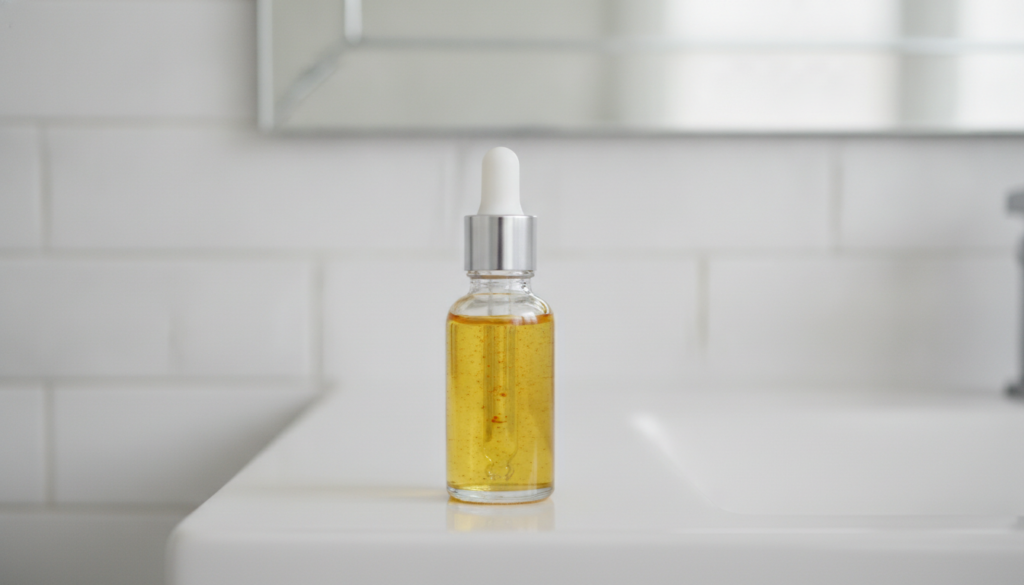 A small clear dropper bottle filled with a yellow turmeric-infused baby oil mixture on a white vanity