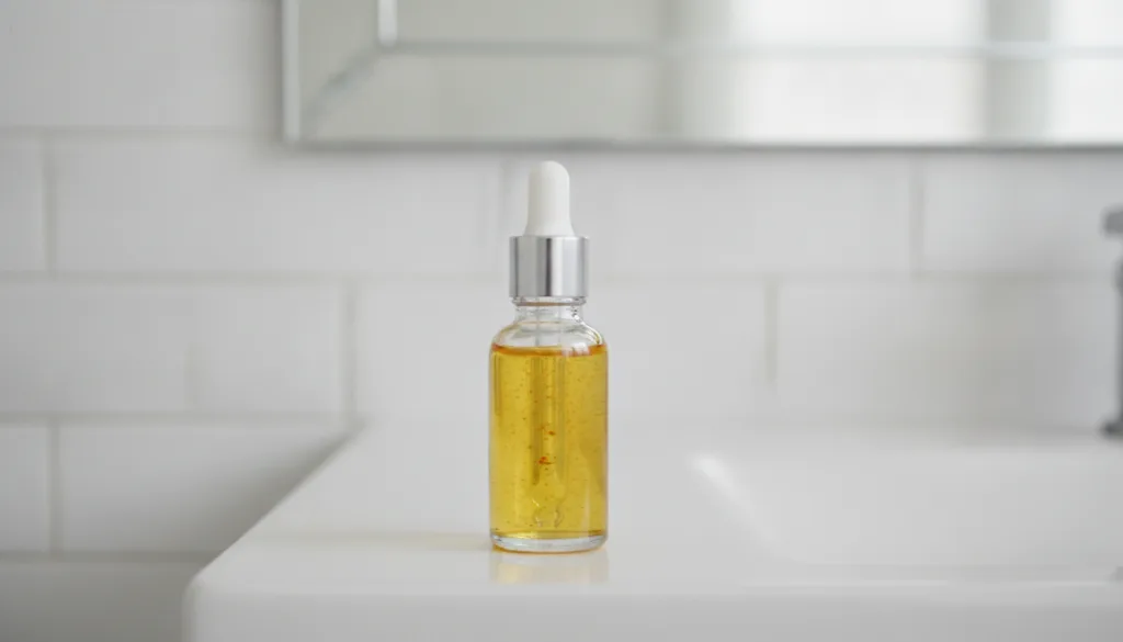 A small clear dropper bottle filled with a yellow turmeric-infused baby oil mixture on a white vanity