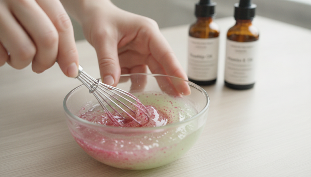 Close-up of hands mixing aloe vera gel and hibiscus powder in a small glass bowl with a mini whisk to create a reddish-p