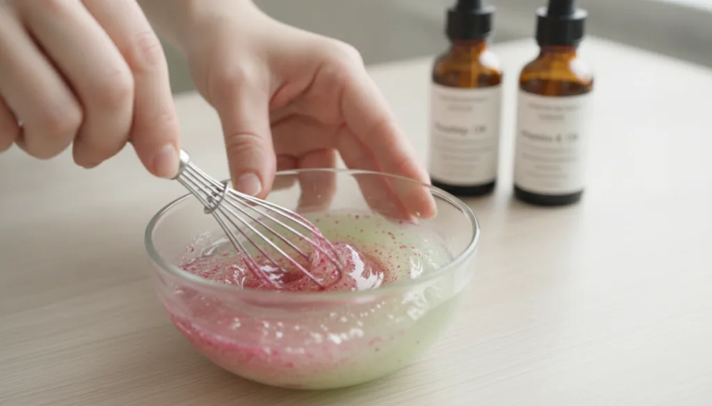 Close-up of hands mixing aloe vera gel and hibiscus powder in a small glass bowl with a mini whisk to create a reddish-p