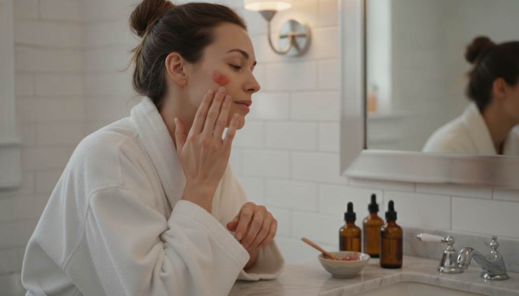 A woman gently applying a small amount of the reddish-pink homemade collagen gel to her face during her nighttime routin