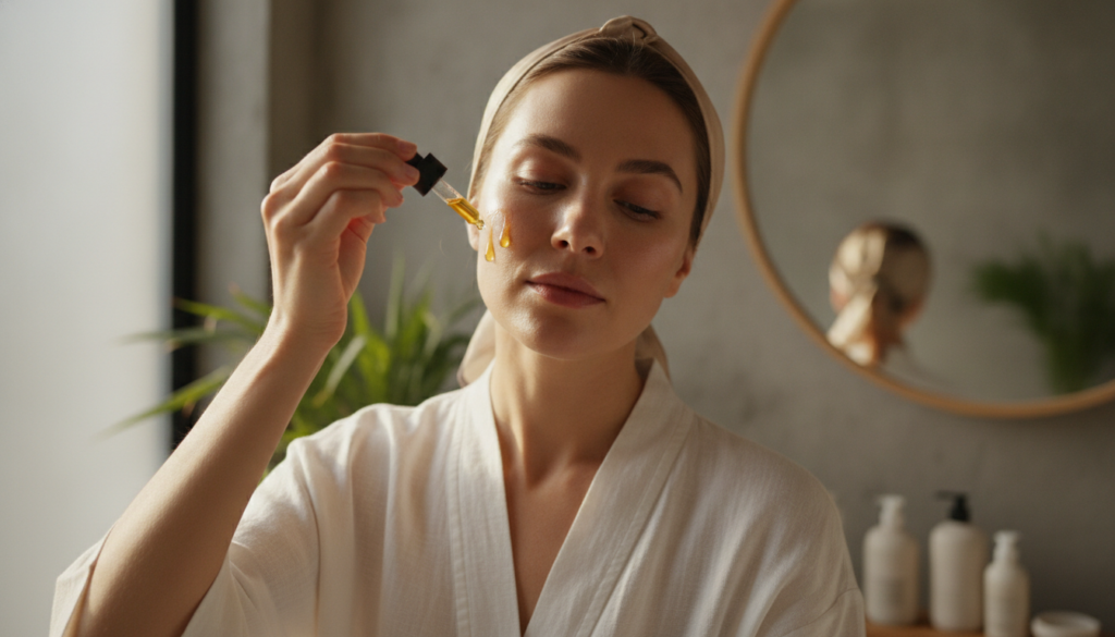 A woman gently applying the homemade collagen oil to her face with a dropper showing smooth glowing skin in a soft natur