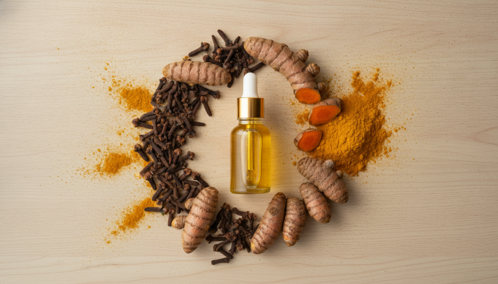 A beautiful overhead shot showing dried cloves turmeric root and turmeric powder scattered around a small glass bottle o