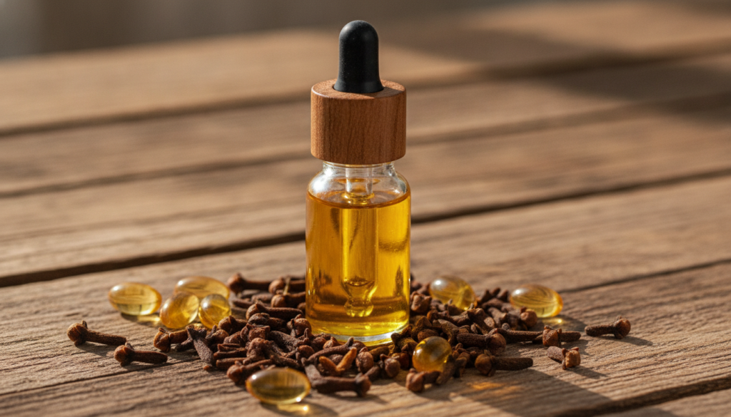 A small glass dropper bottle filled with golden glow oil surrounded by whole cloves and Vitamin E capsules on a natural 