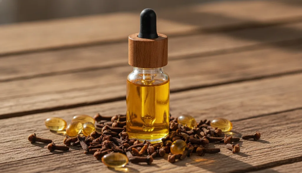 A small glass dropper bottle filled with golden glow oil surrounded by whole cloves and Vitamin E capsules on a natural