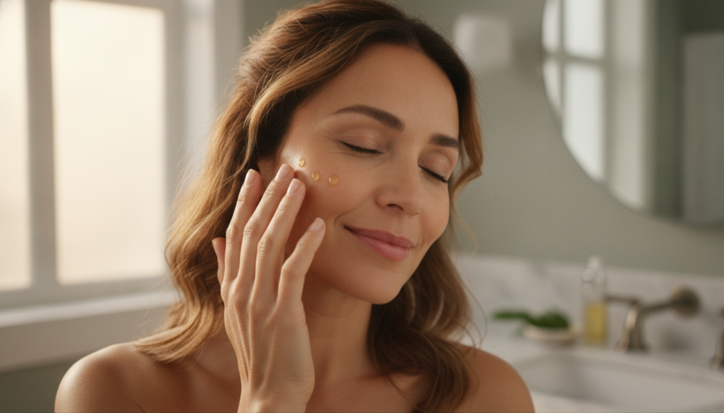A woman gently applying a small amount of oil to her face with a soft radiant glow on her skin Her expression is serene 